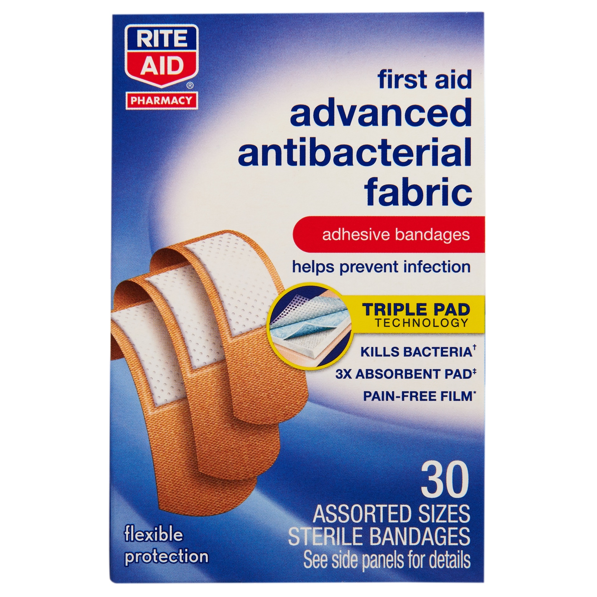 slide 1 of 2, Rite Aid Advanced Antibacterial Fabric Bandages, Assorted Sizes, 30 ct