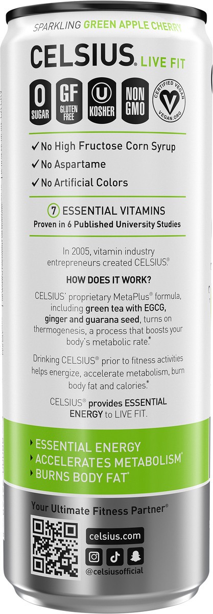 slide 6 of 7, CELSIUS Live Fit Sparkling Energy Drink Green Apple Cherry 12 Fl Oz, 12 fl oz