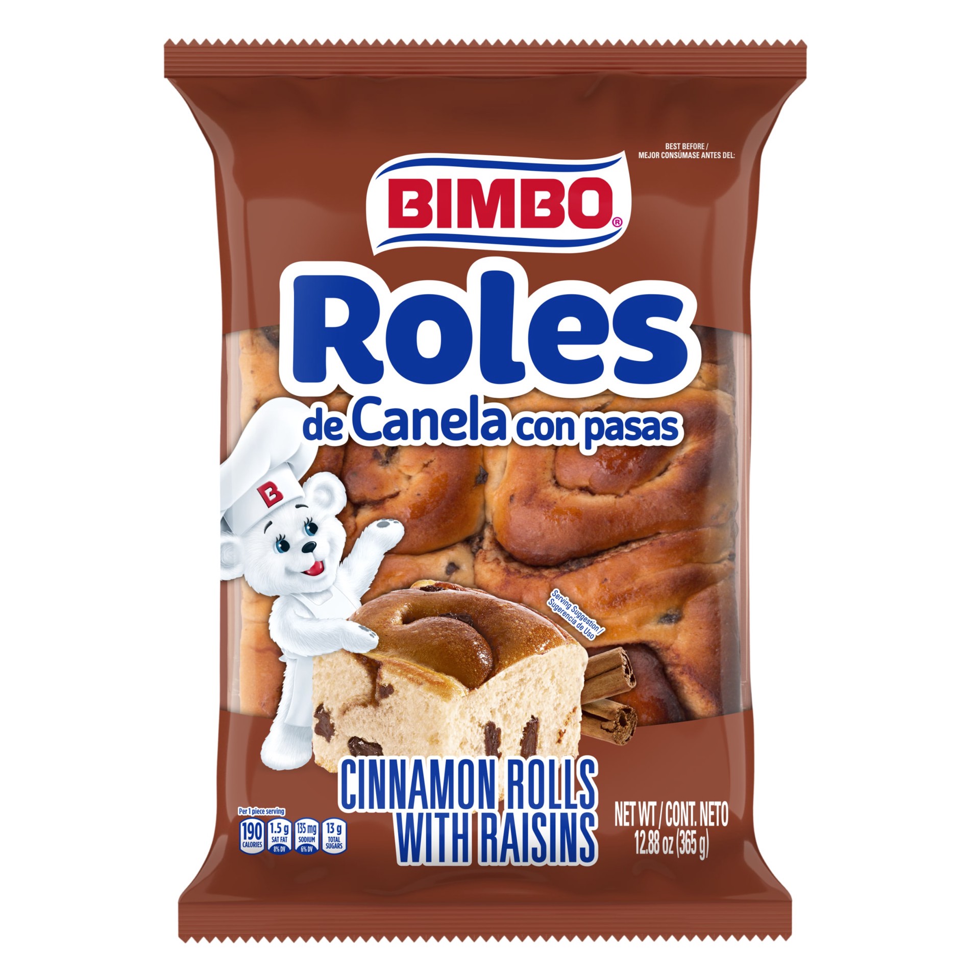 slide 1 of 1, Bimbo Roles de Canela con Pasas Cinnamon Rolls with Raisins, 6 count, Pastries, 12.88 oz Bag, 6 ct