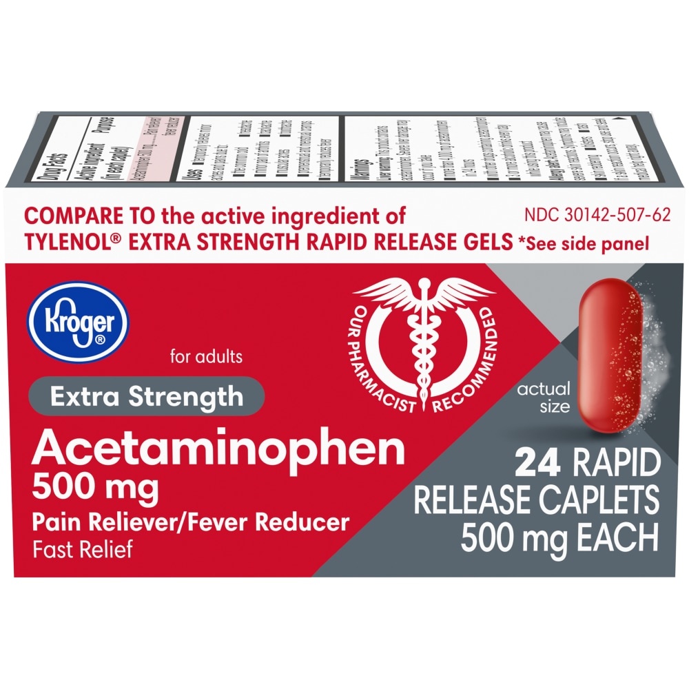 slide 1 of 1, Kroger Extended Strength Acetaminophen Rapid Release 500 Mg Caplets Bottle, 24 ct
