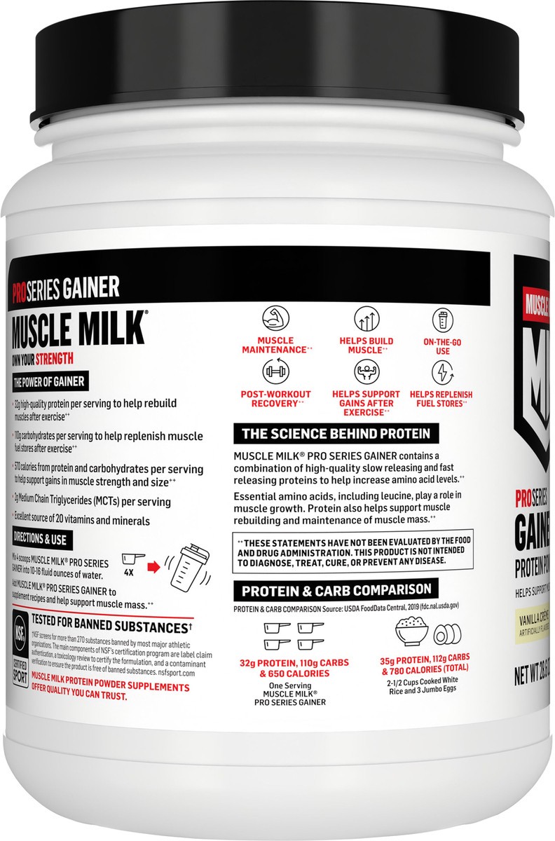 slide 4 of 7, Muscle Milk Pro Series Gainer Protein Powder Supplement Vanilla Creme Artificially Flavored 28.6 Oz, 28 oz