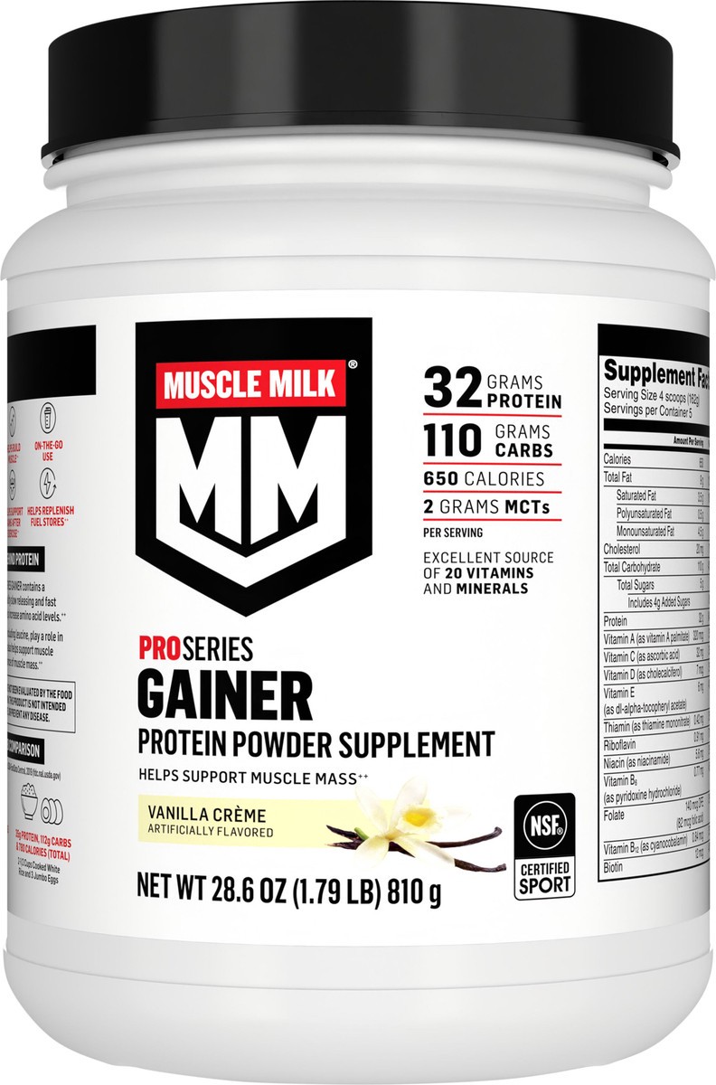 slide 5 of 7, Muscle Milk Pro Series Gainer Protein Powder Supplement Vanilla Creme Artificially Flavored 28.6 Oz, 28 oz