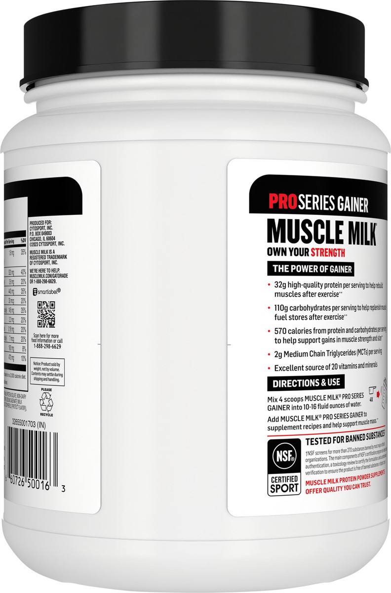 slide 6 of 7, Muscle Milk Pro Series Gainer Protein Powder Supplement Vanilla Creme Artificially Flavored 28.6 Oz, 28 oz