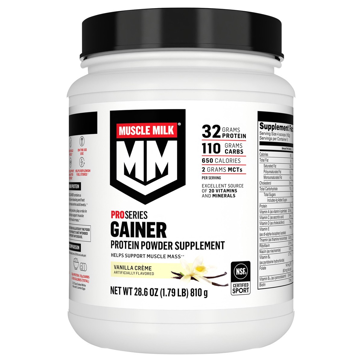 slide 7 of 7, Muscle Milk Pro Series Gainer Protein Powder Supplement Vanilla Creme Artificially Flavored 28.6 Oz, 28 oz