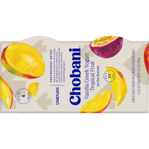 slide 11 of 17, Chobani Yogurt, Low-Fat, Vanilla Greek, Tropical Fruit on the Bottom, 4 Value Pack, 4 ct