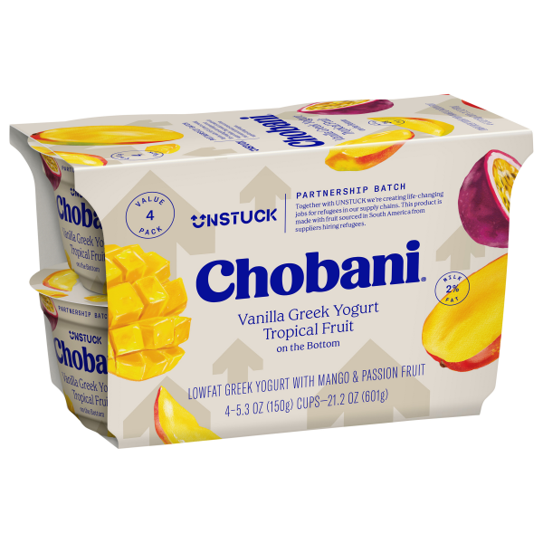 slide 16 of 17, Chobani Yogurt, Low-Fat, Vanilla Greek, Tropical Fruit on the Bottom, 4 Value Pack, 4 ct