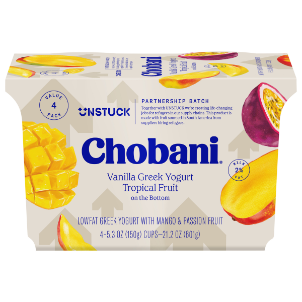 slide 9 of 17, Chobani Yogurt, Low-Fat, Vanilla Greek, Tropical Fruit on the Bottom, 4 Value Pack, 4 ct