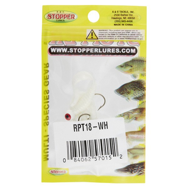 slide 5 of 5, Stopper Lures Rigged Plastic Curl Tail White 1/8th oz, 0.125 oz