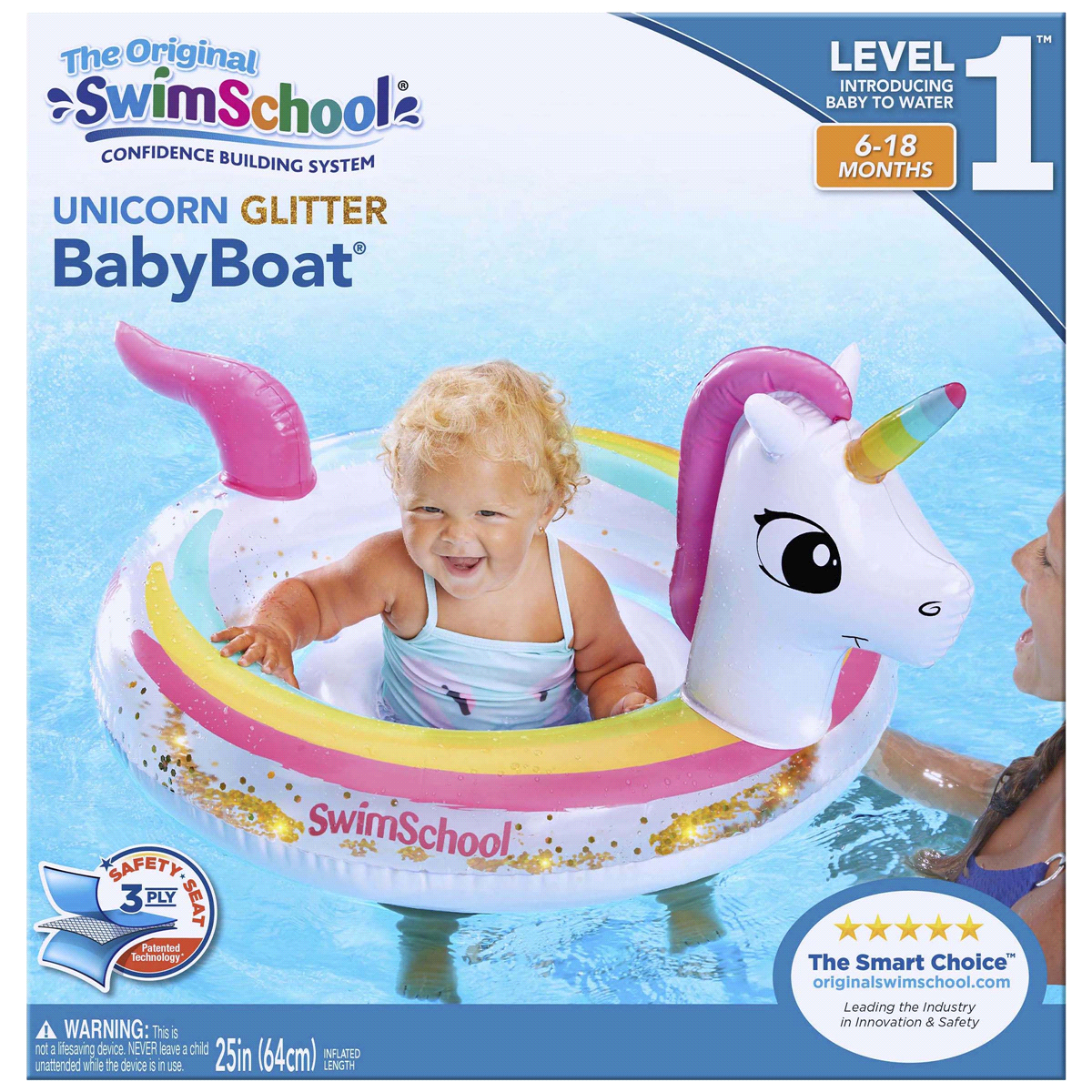 slide 1 of 1, SwimSchool Unicorn Glitter Dual Chamber BabyBoat Float, 1 ct