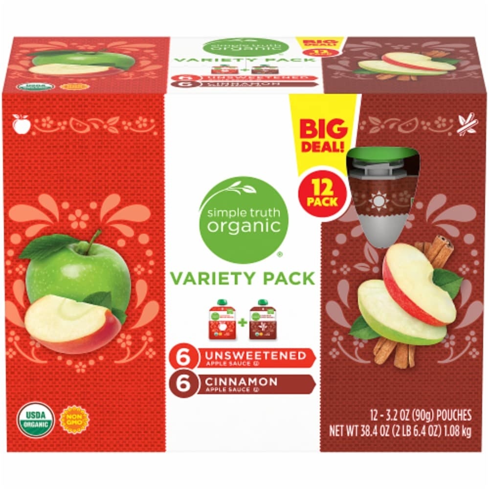 slide 1 of 1, Simple Truth Organic Unsweetened + Cinnamon Apple Sauce Variety Pack, 12 ct; 3.2 oz