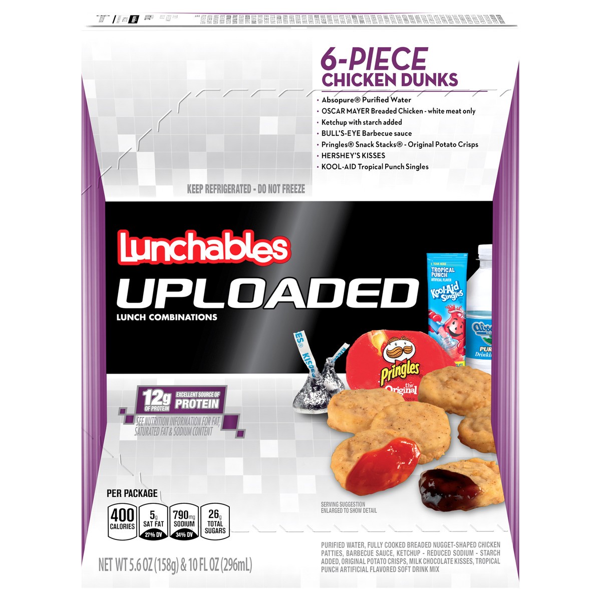 slide 1 of 5, Lunchables Uploaded 6-Piece Chicken Dunks with Water, Pringles Potato Crisps, Hershey's Chocolate Kisses & Kool-Aid Tropical Punch SIngle, 15.6 oz Box, 15.6 oz