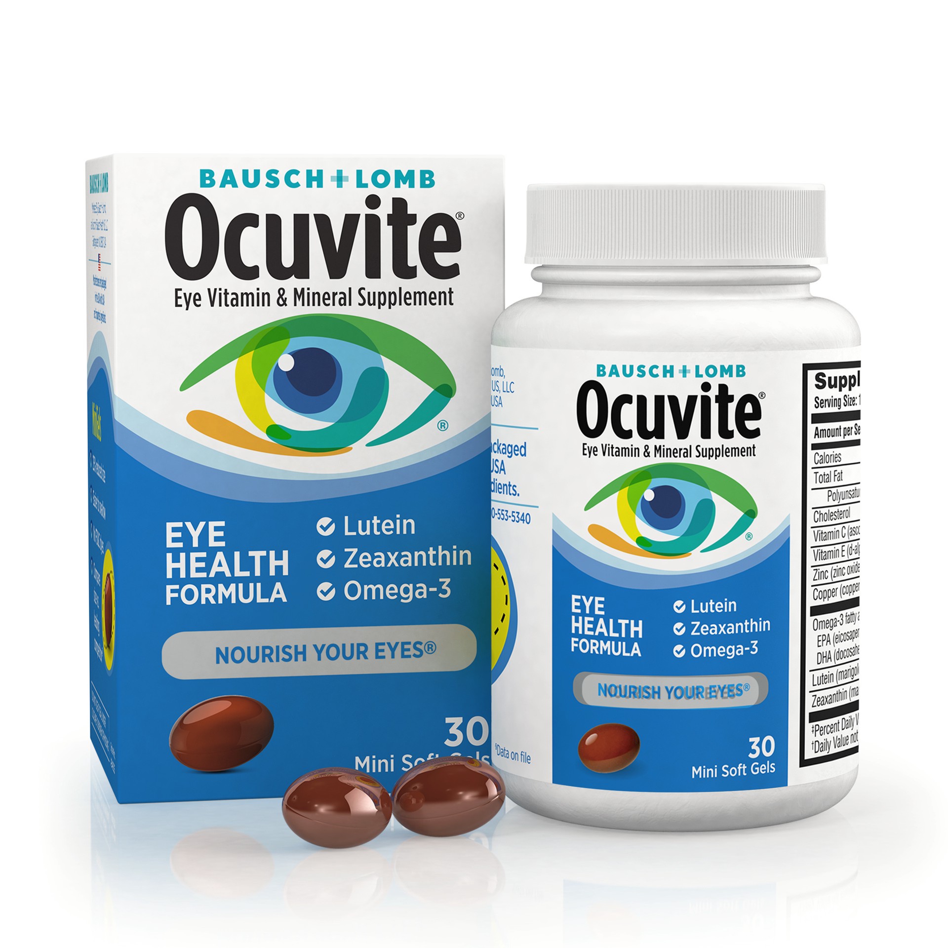 slide 1 of 2, Ocuvite Eye Health Formula Eye Vitamin & Mineral Supplement with Lutein, Zeaxanthin and Omega-3 –from Bausch + Lomb, 30 Soft Gels, 30 ct