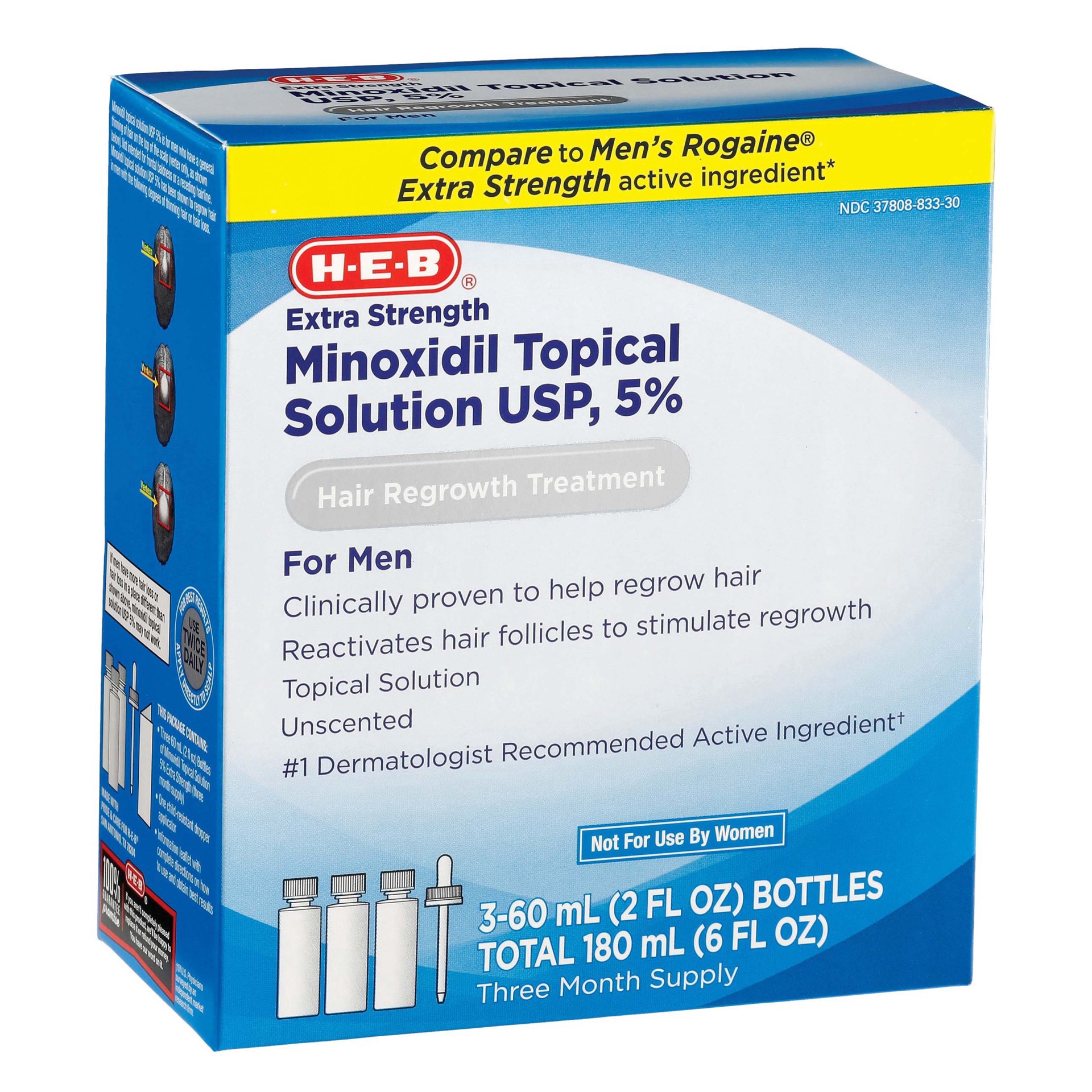 slide 1 of 1, H-E-B 5% Minoxidil Hair Regrowth Treatment for Men - 3 Month Supply, 3 ct