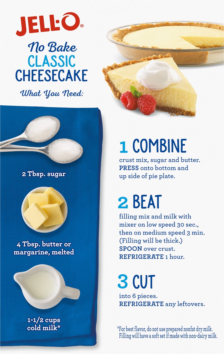 slide 10 of 13, Jell-O No Bake Classic Cheesecake Dessert Kit with Filling Mix and Crust Mix, 11.1 oz Box, 11.1 oz