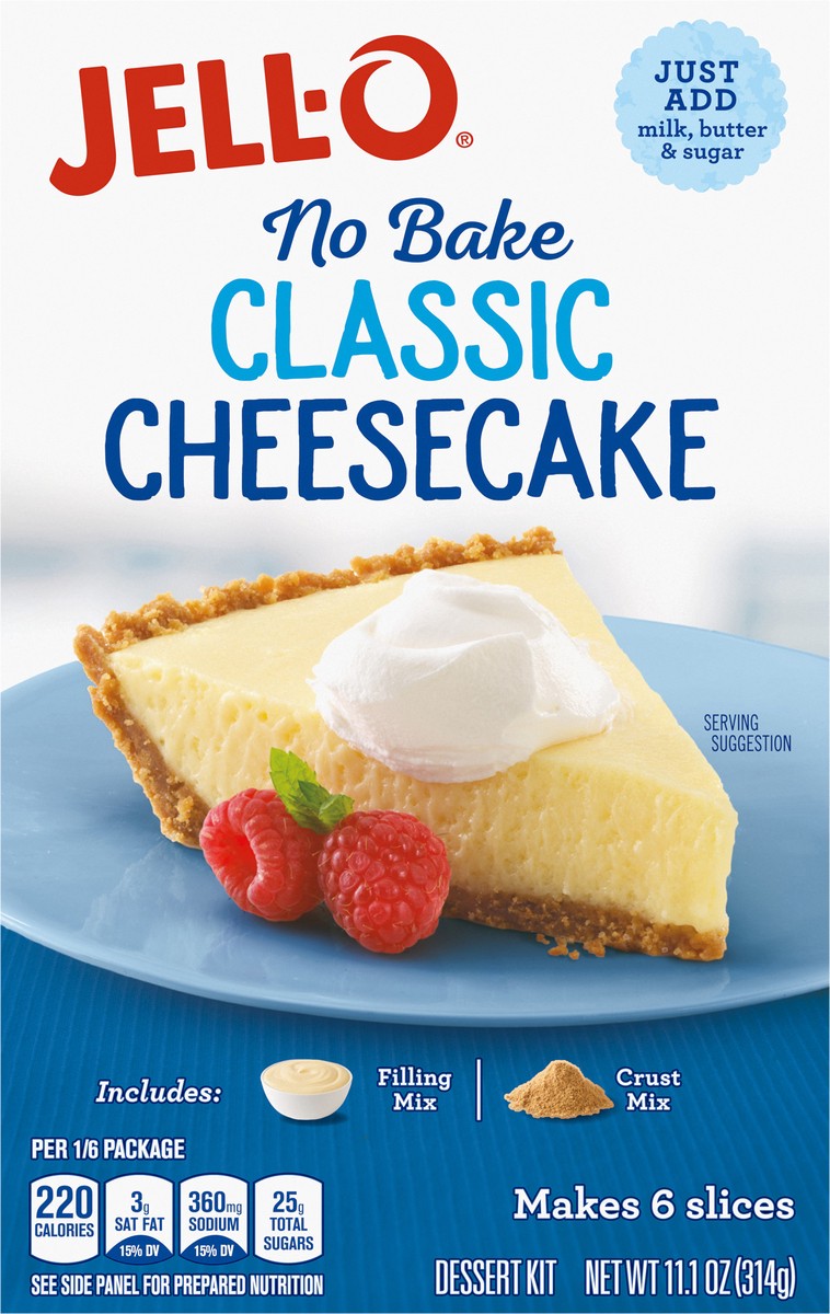 slide 11 of 13, Jell-O No Bake Classic Cheesecake Dessert Kit with Filling Mix and Crust Mix, 11.1 oz Box, 11.1 oz