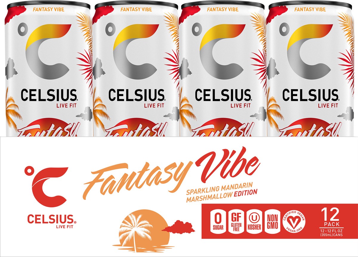slide 3 of 5, CELSIUS Sparkling Fantasy Vibe, Functional Essential Energy Drink (Pack of 12) - 12 ct, 12 ct