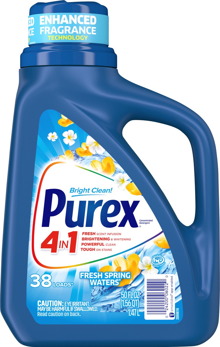 slide 4 of 6, Purex Liquid Laundry Detergent with Crystals Fragrance, Fresh Spring Waters, 50 Fluid Ounces, 38 Loads, 50 fl oz