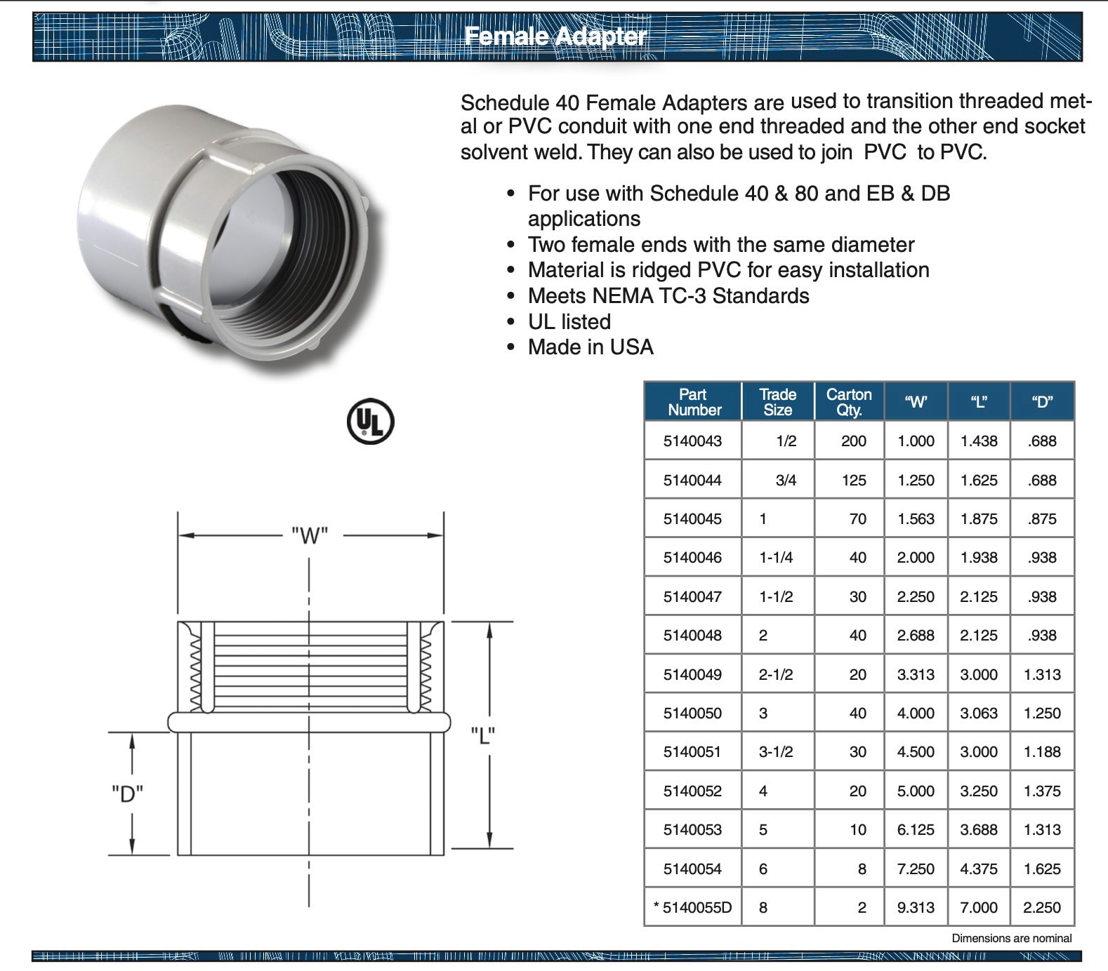 slide 2 of 6, Adapter Female 1" Sch40, 1 in