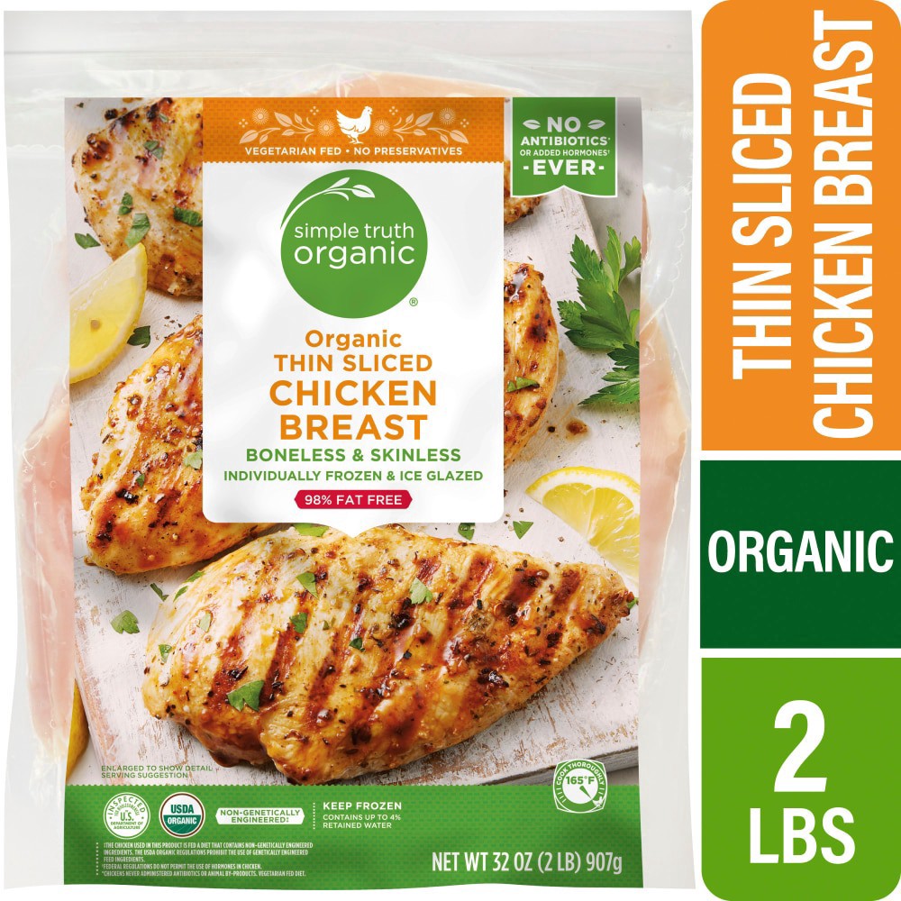 slide 1 of 5, Simple Truth Organic® Boneless & Skinless Frozen Organic Chicken Breast Thin Sliced, 32 oz