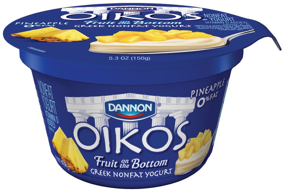 slide 1 of 1, Dannon Oikos Fruit On The Bottom Nonfat Greek Yogurt Pineapple Single Serve, 5.3 oz