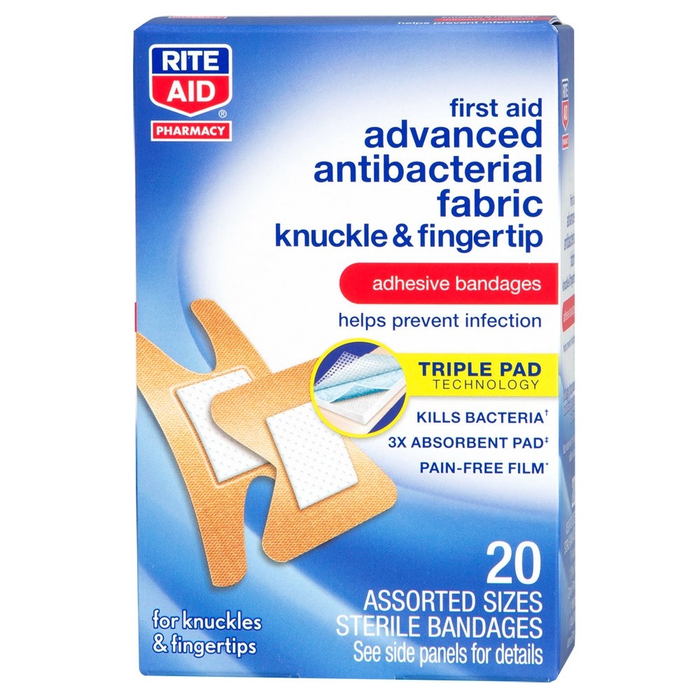 slide 1 of 1, Rite Aid First Aid Advanced Antibacterial Fabric Knuckle & Fingertip Adhesive Bandages, Assorted Sizes, 20 ct