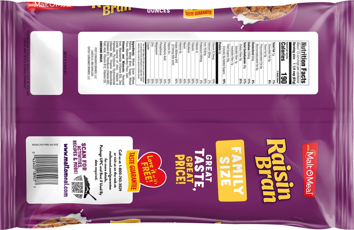 slide 3 of 7, Malt-O-Meal Raisin Bran Cereal, Family Size Breakfast Cereal, 27.4 OZ Bag, 27.40 oz