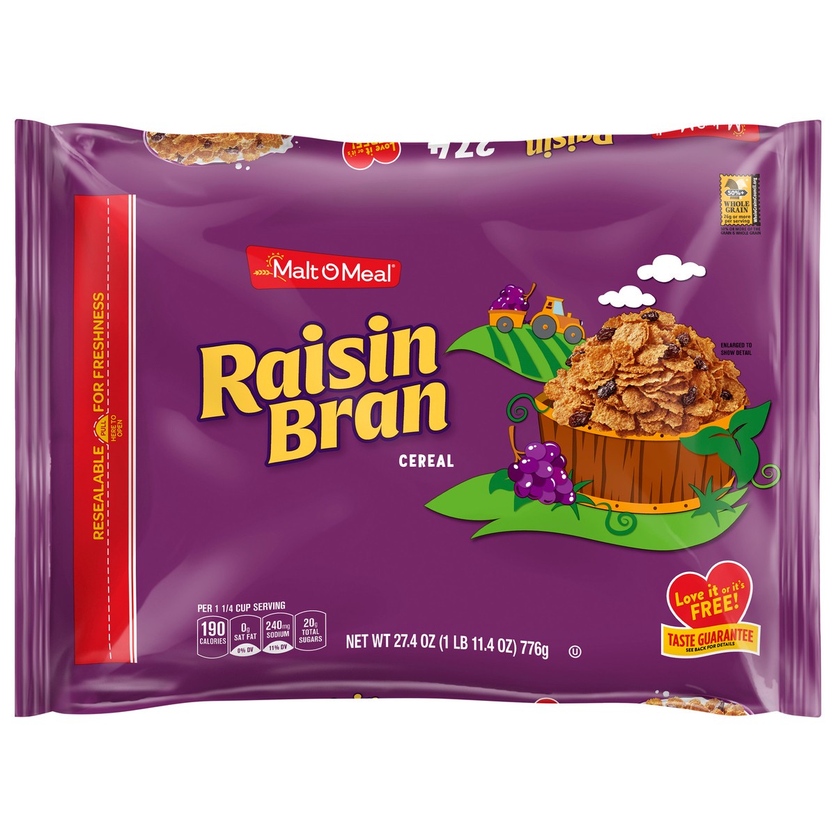 slide 1 of 7, Malt-O-Meal Raisin Bran Cereal, Family Size Breakfast Cereal, 27.4 OZ Bag, 27.40 oz