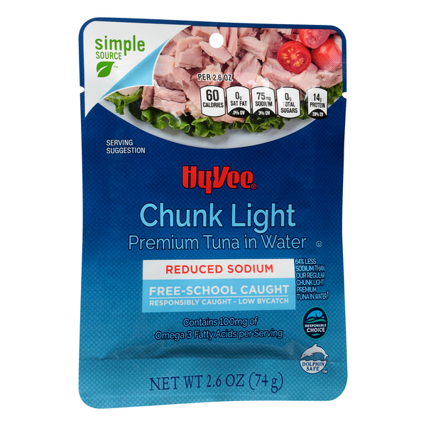 slide 1 of 1, Hy-Vee Chunk Light Tuna In Water, Reduced Sodium, 2.6 oz