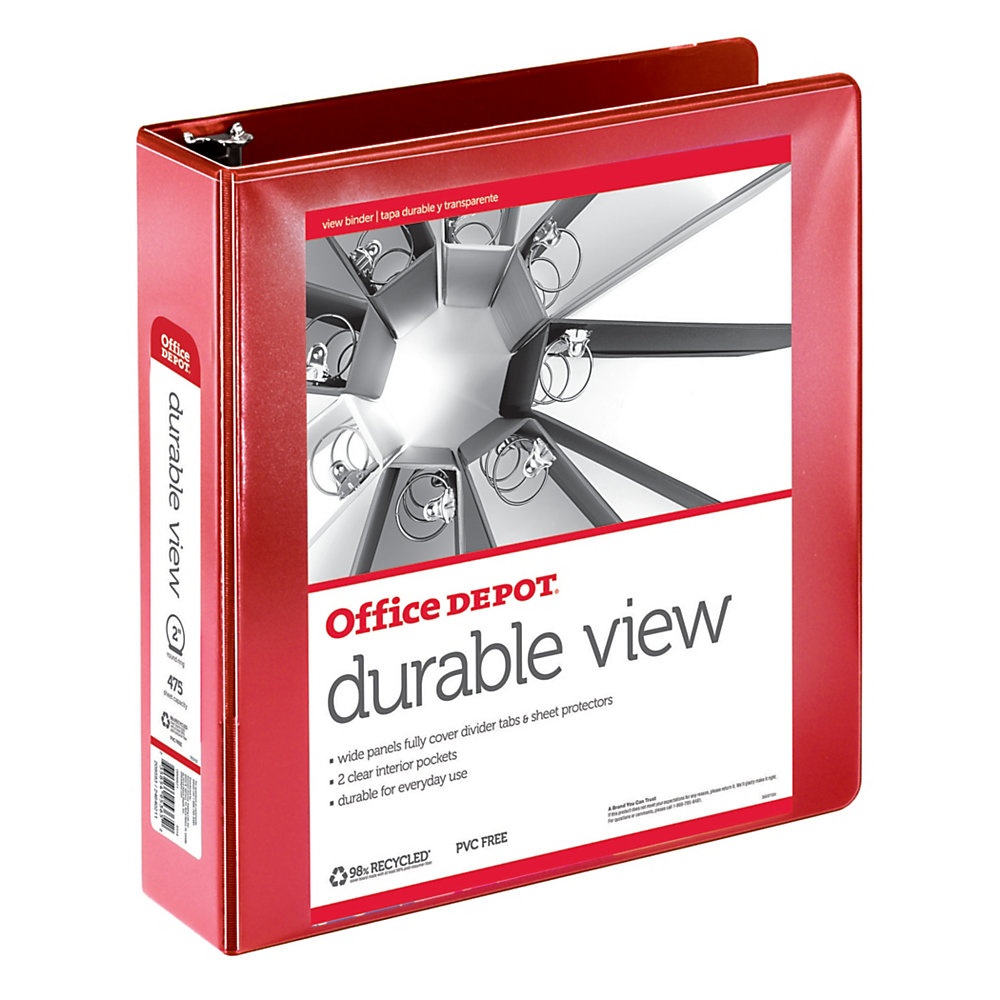 slide 1 of 1, Office Depot Brand Durable View Round-Ring Binder, 2'' Rings, 61% Recycled, Red, 1 ct