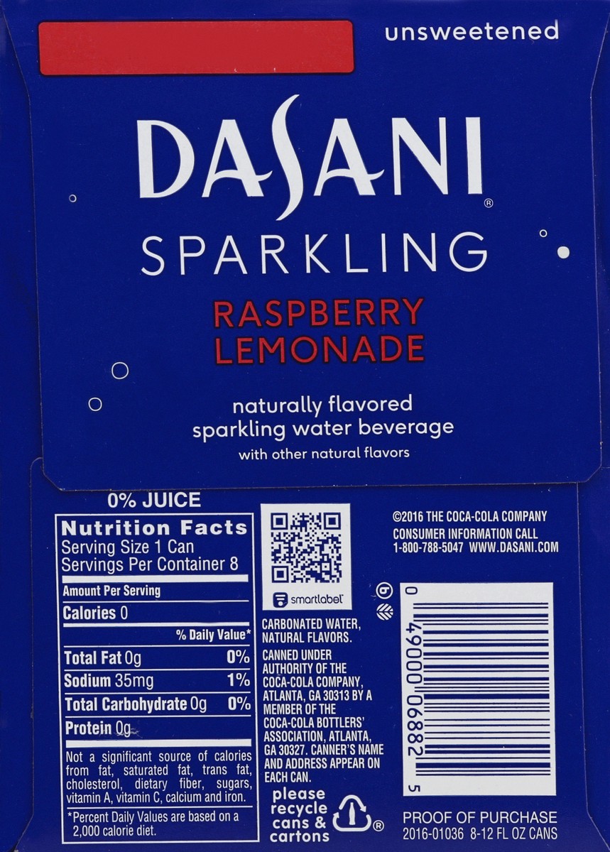 slide 6 of 6, DASANI Sparkling Water Raspberry Lemonade Zero Calories, 12 fl oz, 8 Pack, 8 ct; 12 fl oz