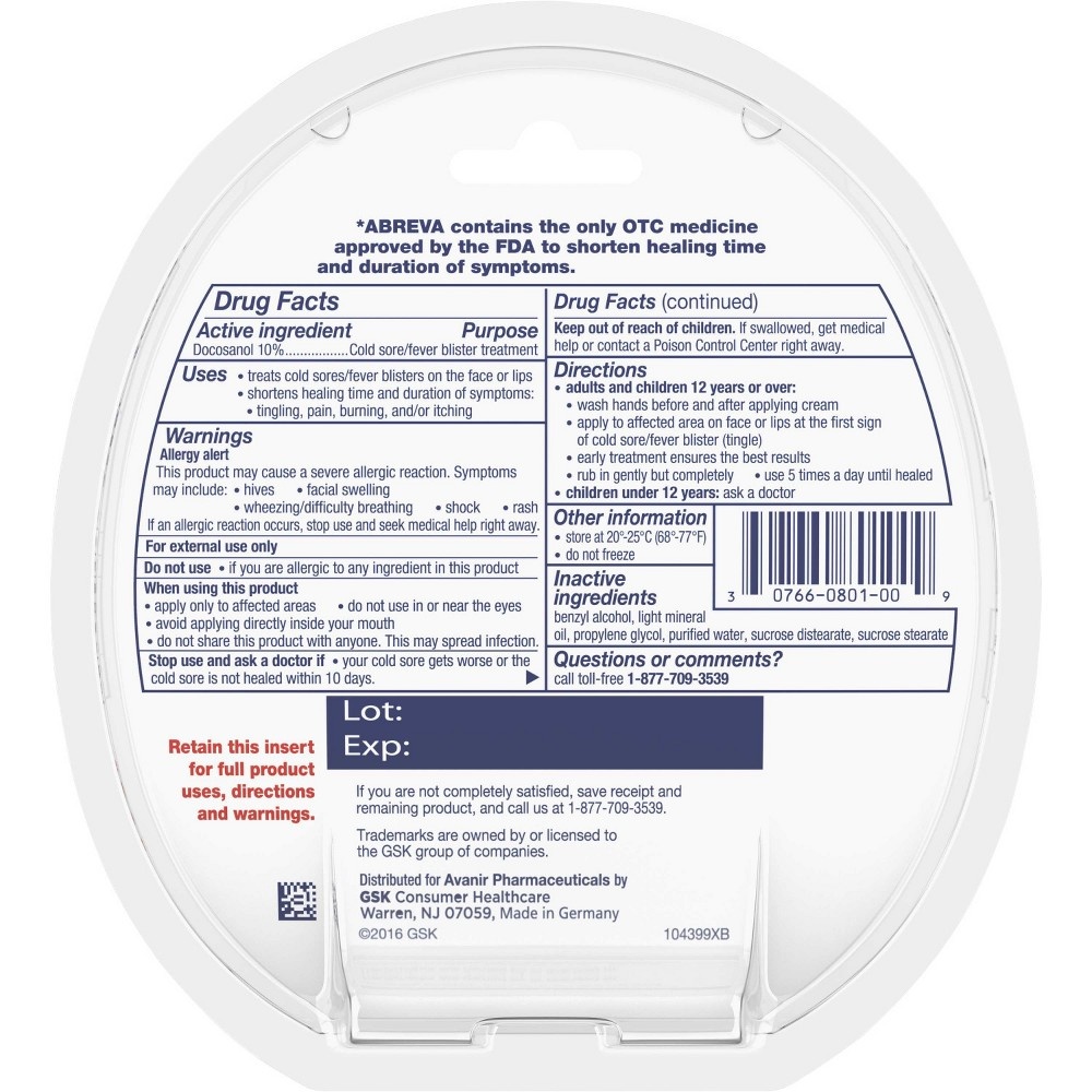 slide 4 of 4, Abreva Docosanol 10% Cream Cold Sore/Fever Blister Treatment Tube, 0.07 oz