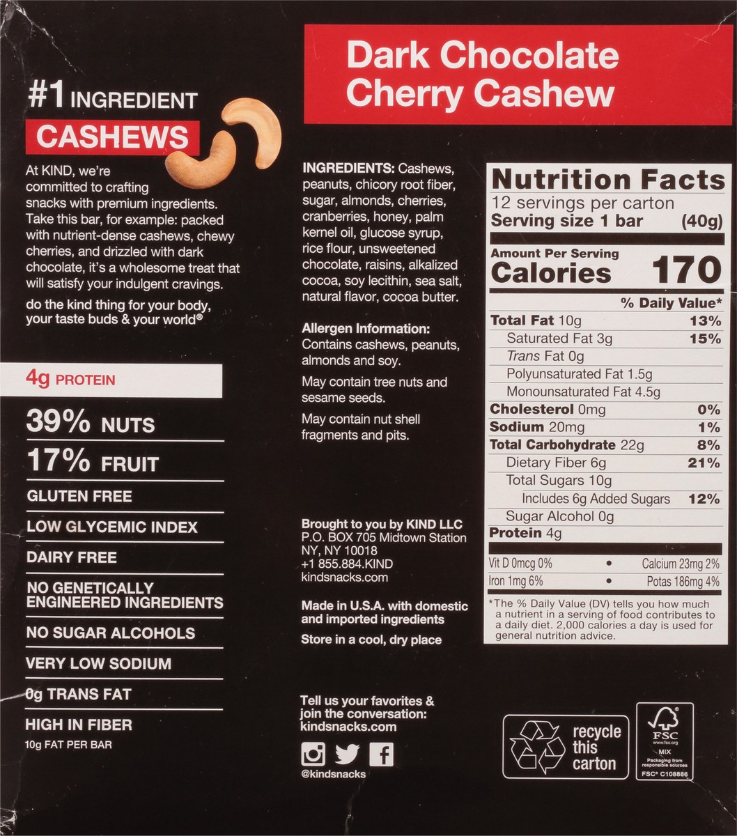 slide 5 of 9, KIND Dark Chocolate Cherry Cashew Bars Wrapper 1 - 1.4 oz Bars, 12 ct