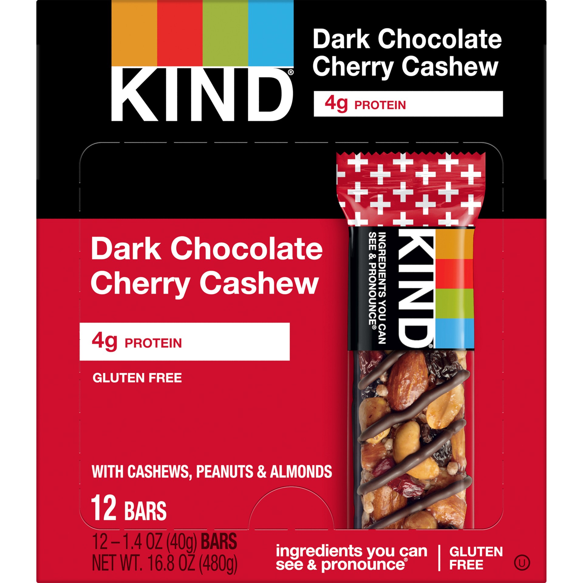 slide 1 of 9, KIND Gluten Free Dark Chocolate Cherry Cashew Snack Bars, 1.4 oz, 12 Count Box, 12 ct