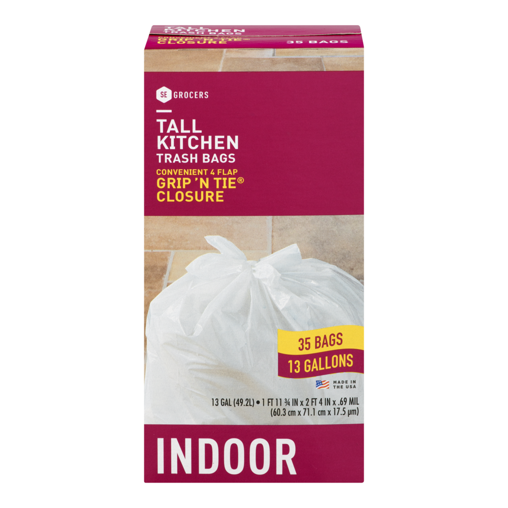 slide 1 of 1, SE Grocers Tall Kitchen Bags Grip 'N Tie Closure Indoor, 35 ct