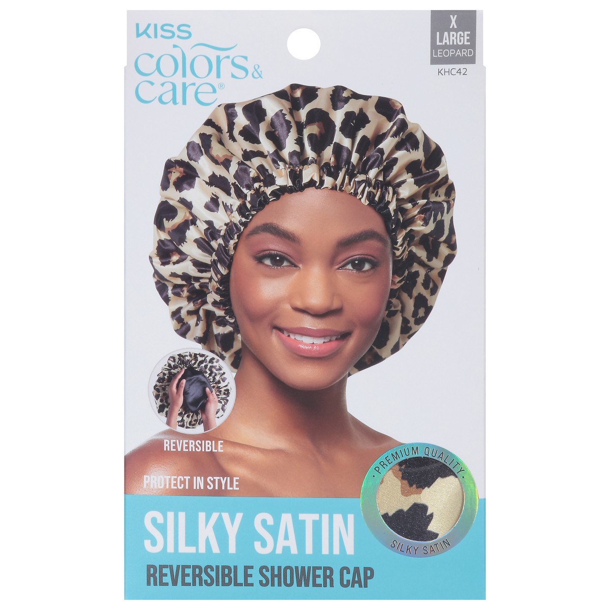 slide 4 of 12, Kiss Colors & Care Leopard Silky Satin Reversible Shower Cap X Large 1 ea, 1 ct