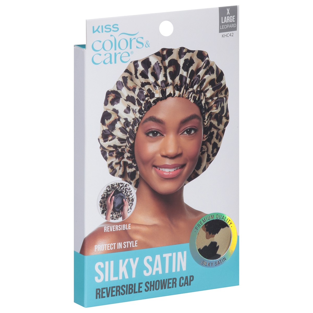 slide 11 of 12, Kiss Colors & Care Leopard Silky Satin Reversible Shower Cap X Large 1 ea, 1 ct