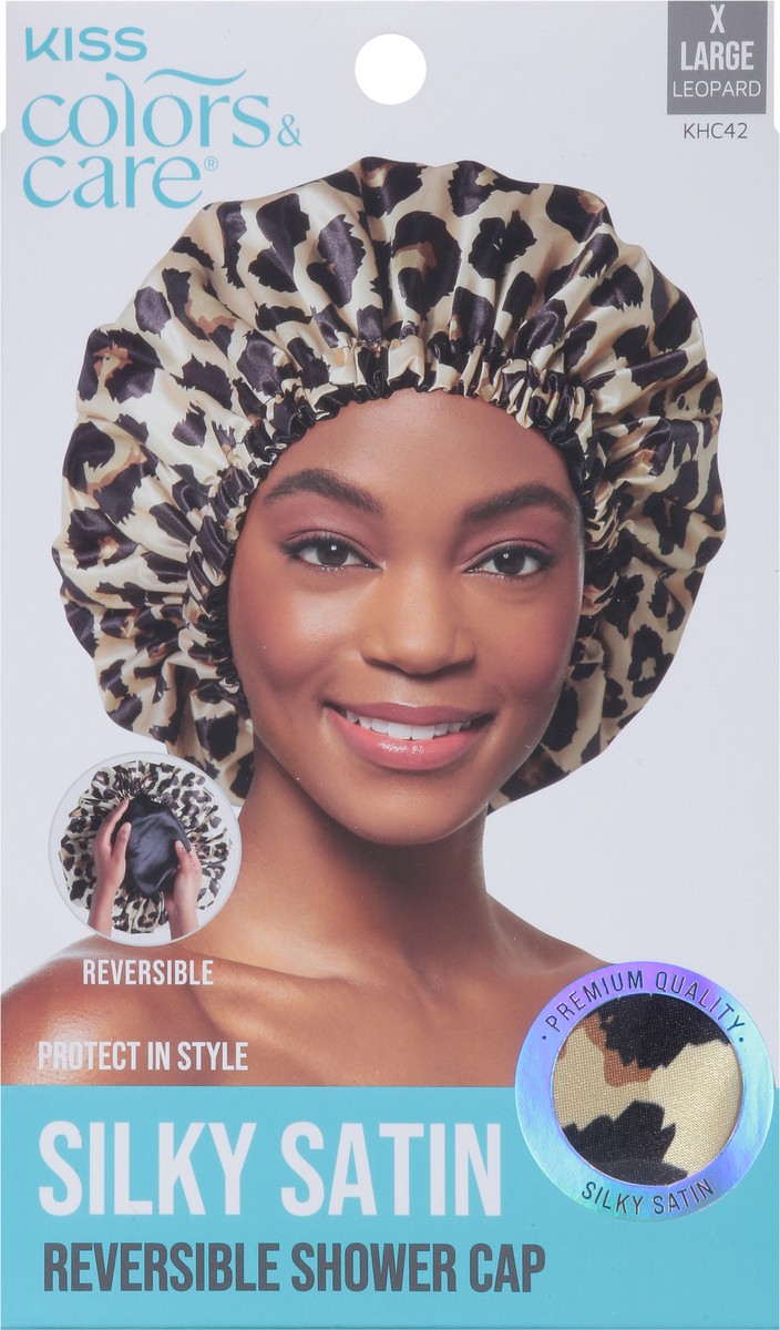 slide 3 of 12, Kiss Colors & Care Leopard Silky Satin Reversible Shower Cap X Large 1 ea, 1 ct