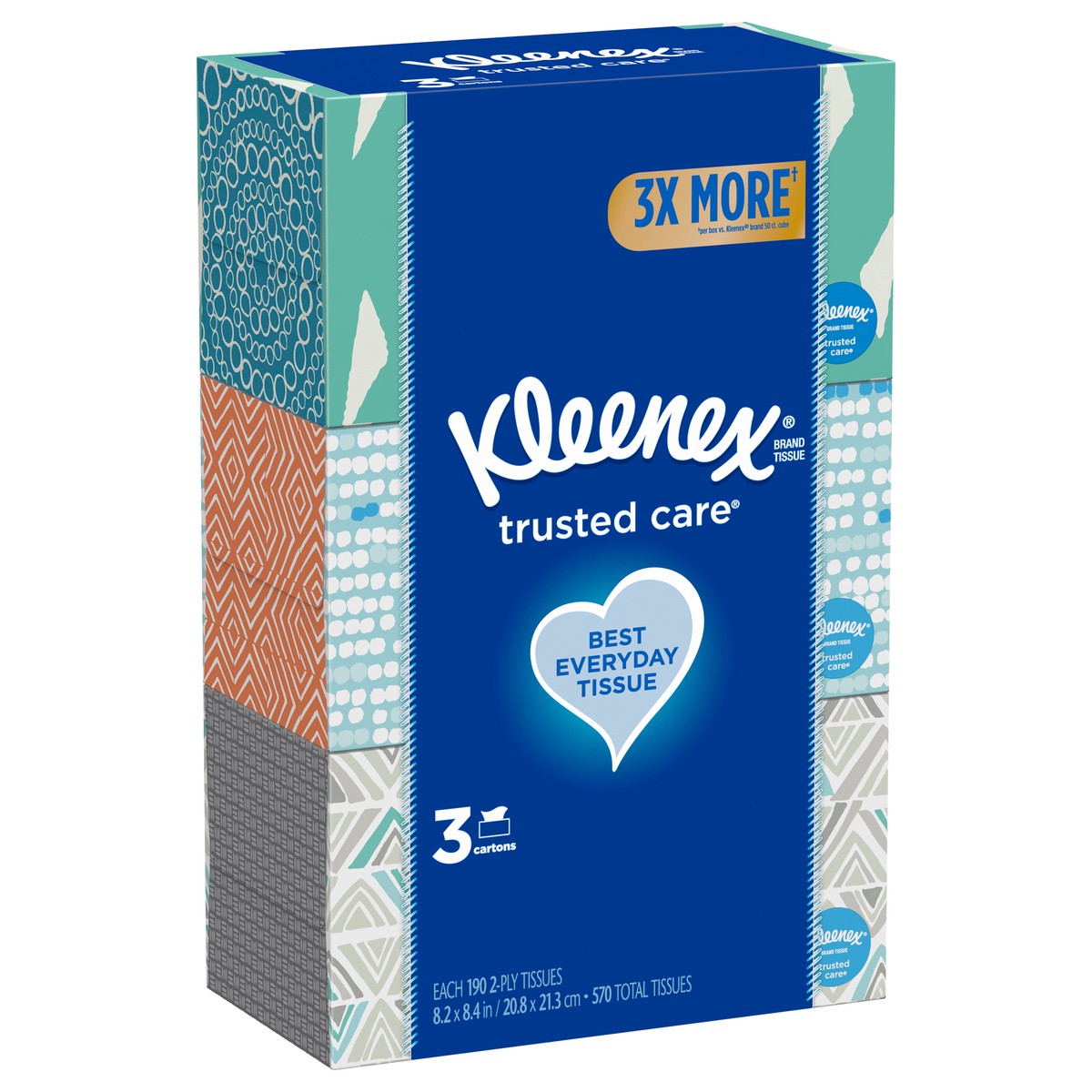 slide 8 of 9, Kleenex Trusted Care Facial Tissues, 3 Flat Boxes, 190 Tissues per Box (570 Total Tissues), 3 ct