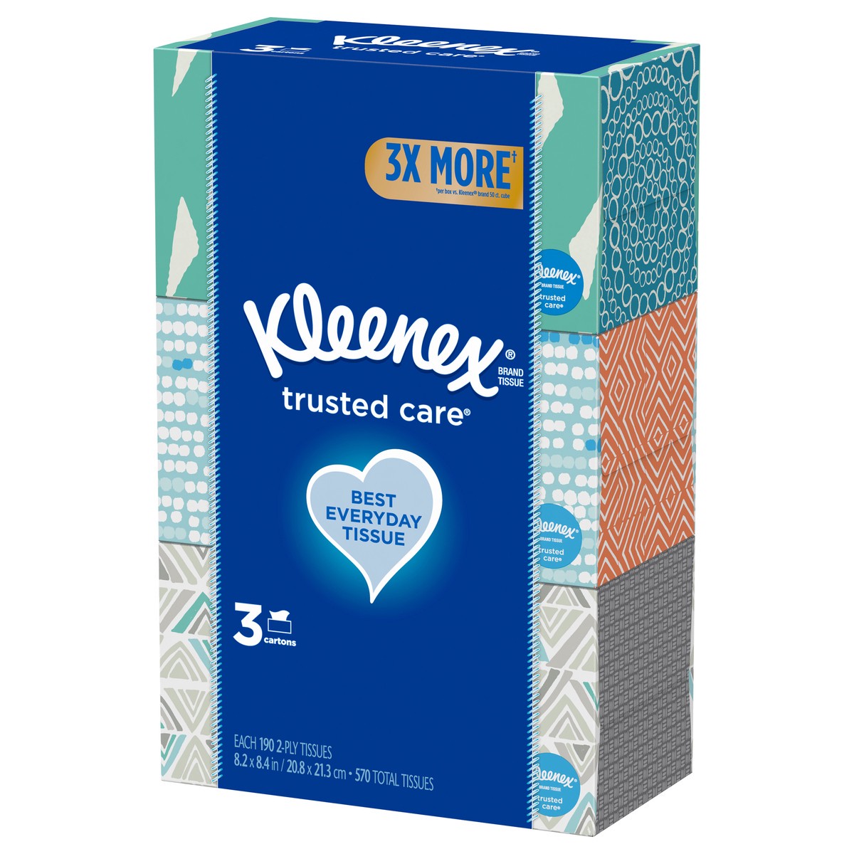 slide 6 of 9, Kleenex Trusted Care Facial Tissues, 3 Flat Boxes, 190 Tissues per Box (570 Total Tissues), 3 ct