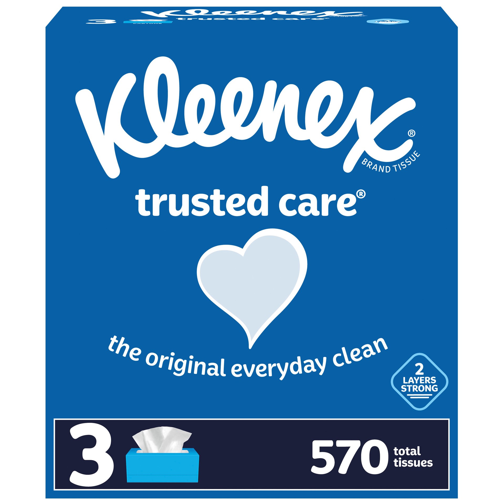 slide 1 of 9, Kleenex Trusted Care Facial Tissues, 3 Flat Boxes, 190 Tissues per Box (570 Total Tissues), 3 ct