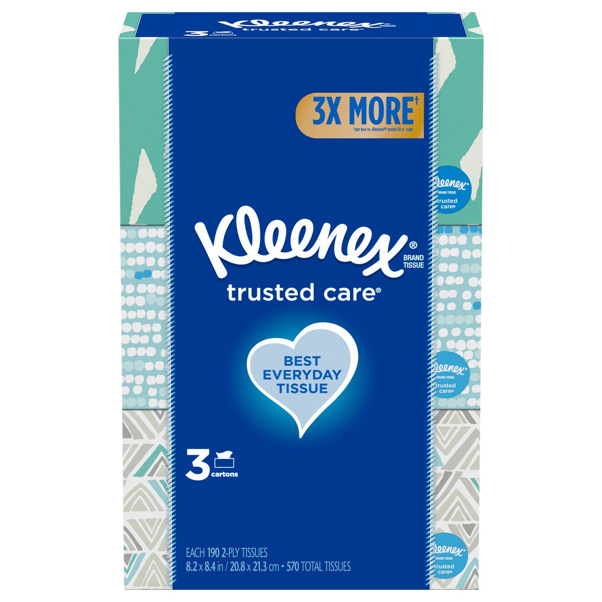 slide 3 of 9, Kleenex Trusted Care Facial Tissues, 3 Flat Boxes, 190 Tissues per Box (570 Total Tissues), 3 ct