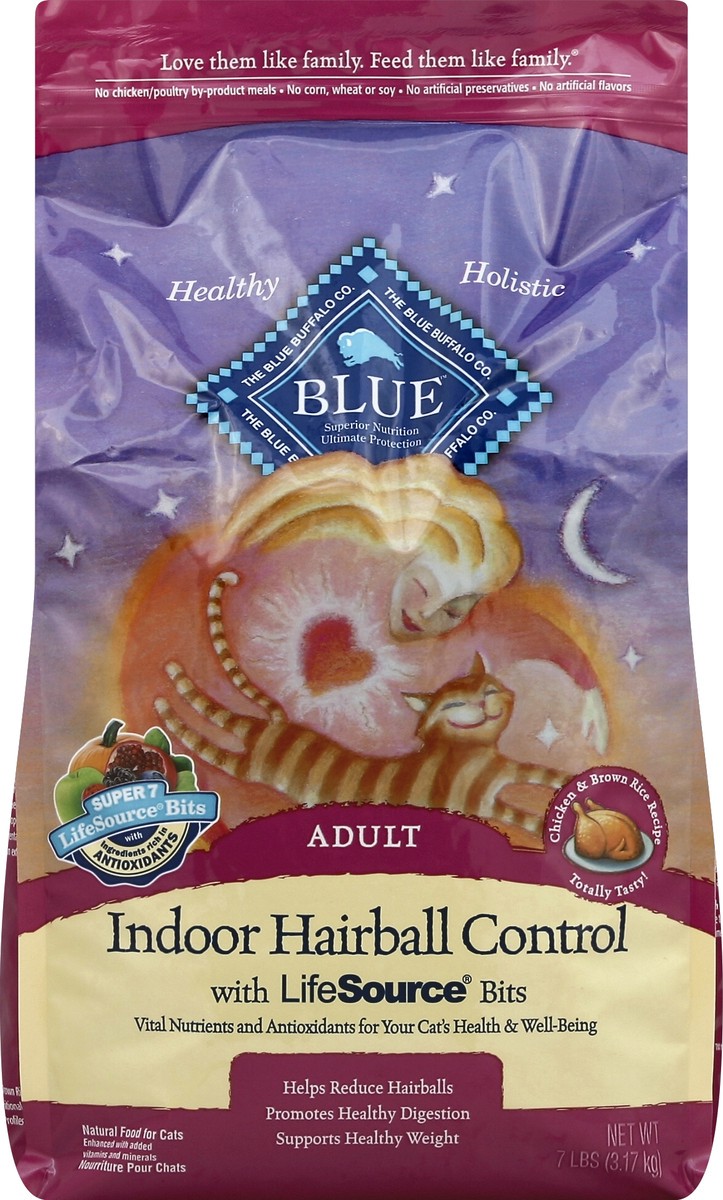 slide 5 of 6, Blue Buffalo Blue Indoor Hairball Control Adult Chicken & Brown Rice Recipe Dry Cat Food, 7 lb