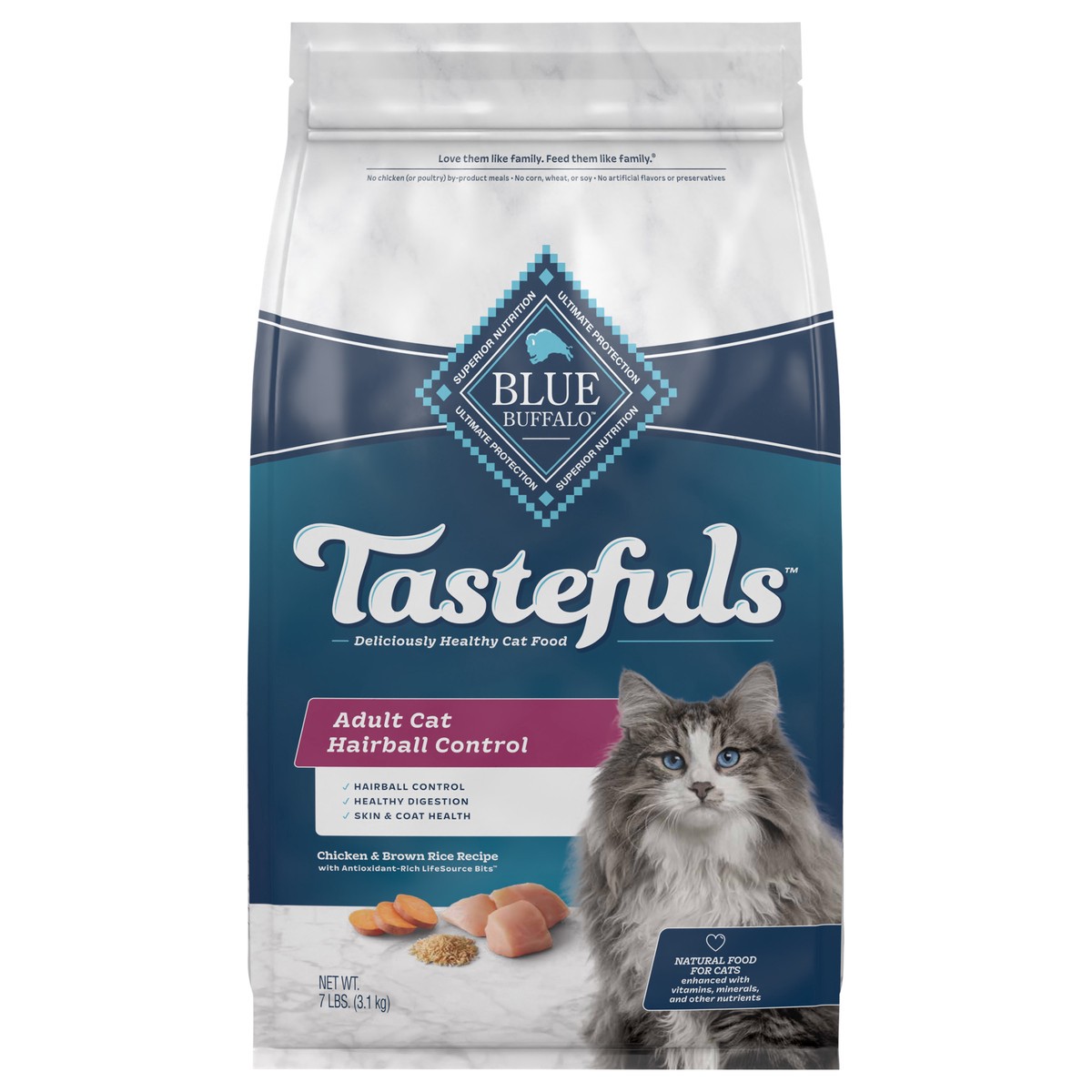 slide 1 of 6, Blue Buffalo Tastefuls Hairball Control Natural Adult Dry Cat Food, Chicken, 7lb bag, 7 lb