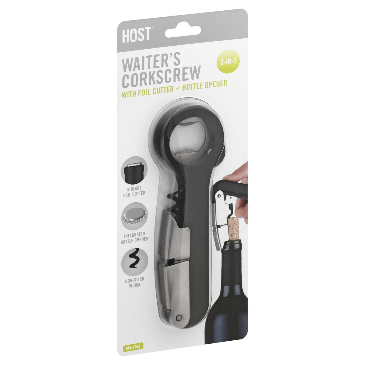 slide 7 of 9, HOST Double Hinged Corkscrew, Black Bottle Opener and Foil Cutter, Wine Key, Bar Accessories, 1 cnt