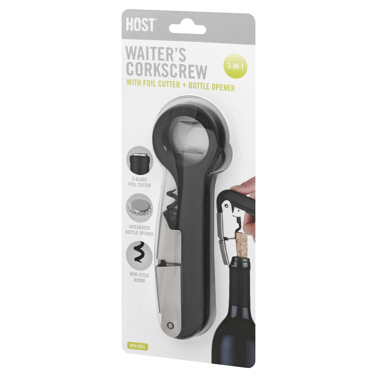 slide 9 of 9, HOST Double Hinged Corkscrew, Black Bottle Opener and Foil Cutter, Wine Key, Bar Accessories, 1 cnt