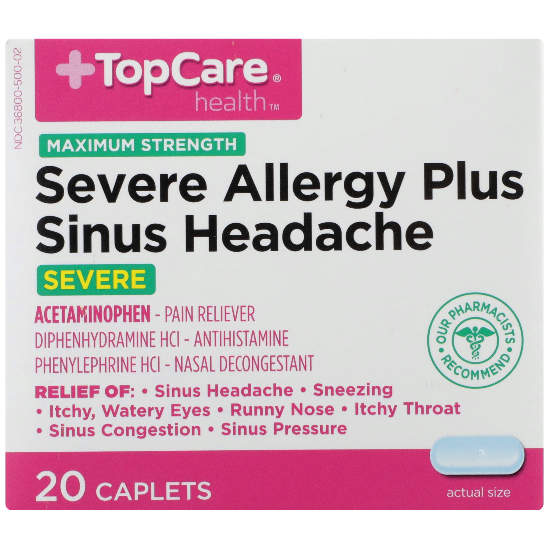 slide 1 of 6, TopCare Severe Allergy Plus Sinus Headache Maximum Strength Caplets, 20 ct