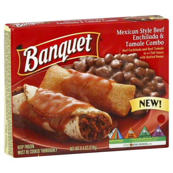 slide 1 of 1, Banquet Mexican Style Beef Enchilada & Tamale Combo, 8.4 oz