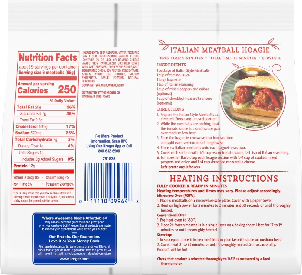 slide 3 of 3, Kroger Fully Cooked Italian Style Meatballs, 26 oz