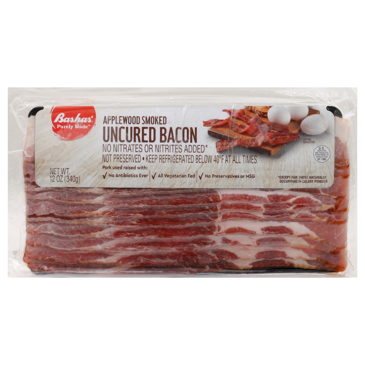 slide 10 of 13, Bashas Uncured Applewd Bacon, 12 oz
