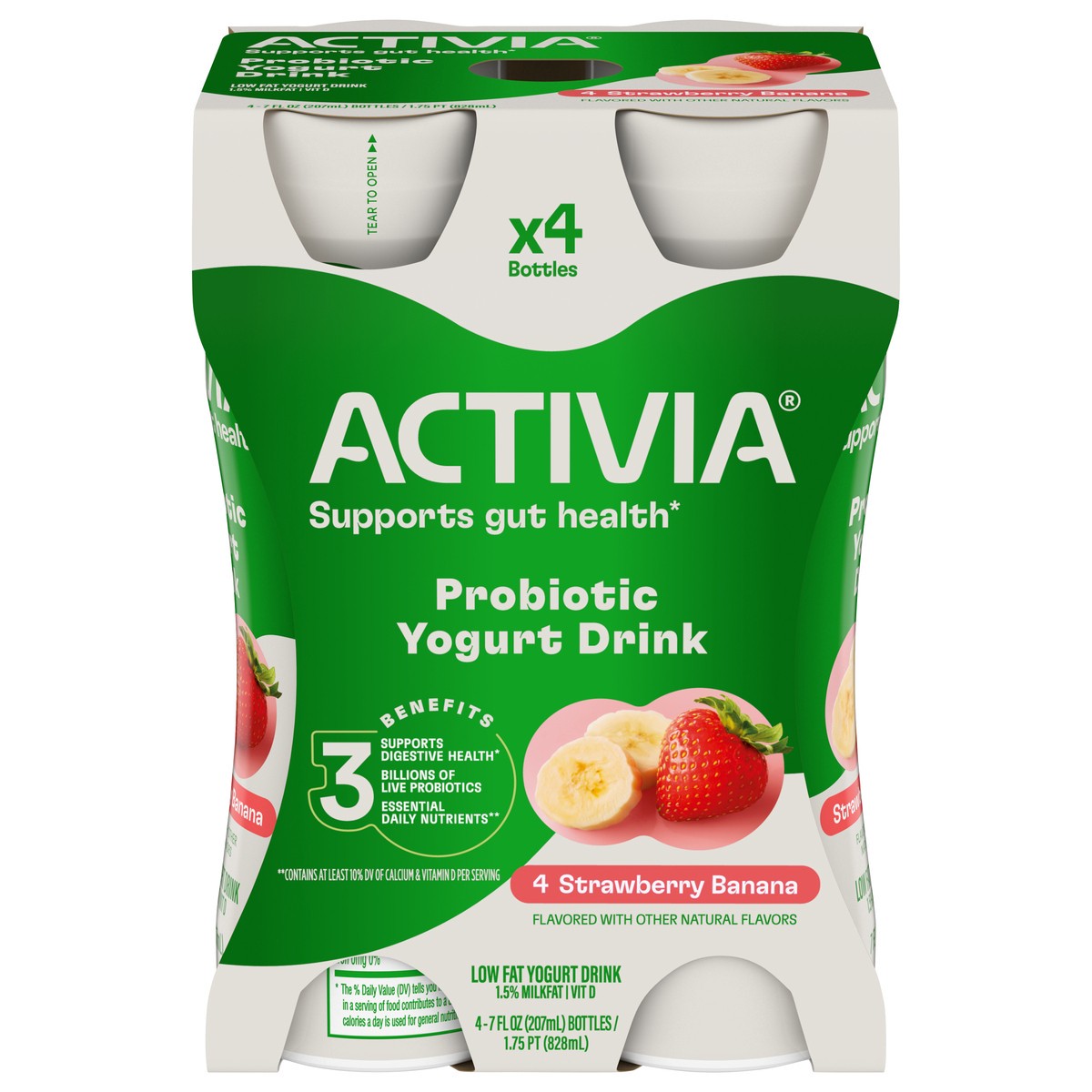 slide 1 of 5, Activia Strawberry Banana Probiotic Lowfat Yogurt Drink, Probiotic Yogurt Drinks, 4 Ct, 7 FL OZ Bottles, 7 fl oz